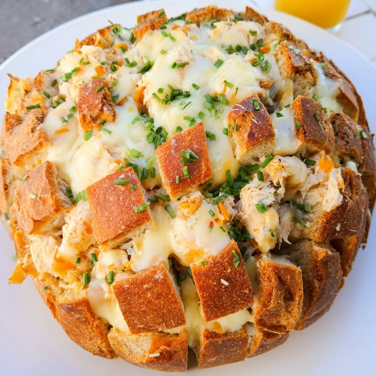 A warm, delicious image of Cheesy Leftover Chicken Bake Pull-Apart Bread, perfect for sharing.