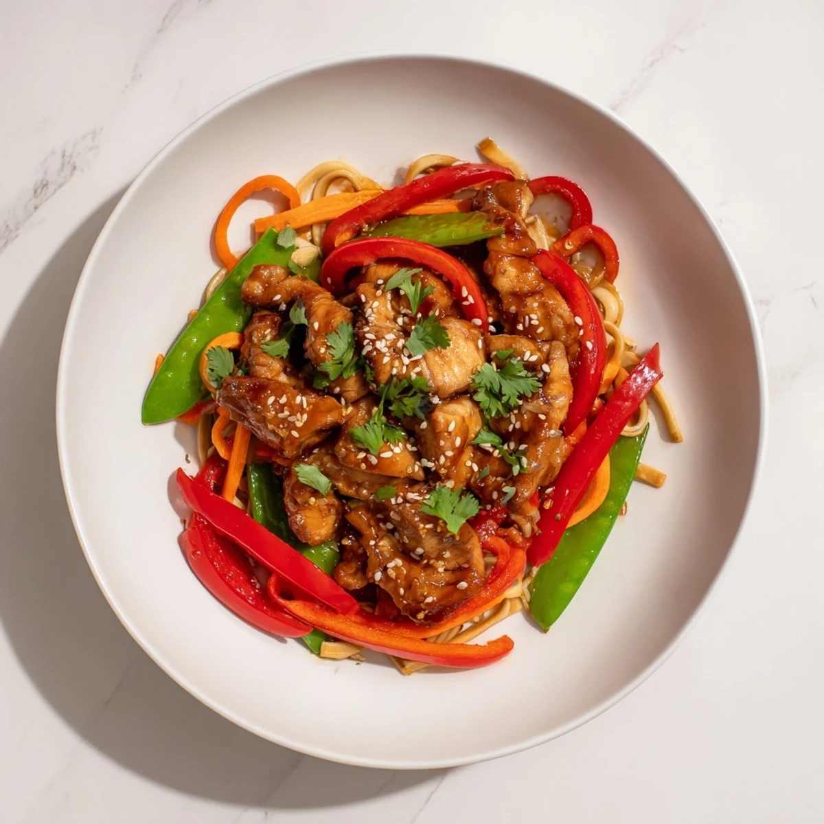 Steaming Lemon-Garlic Chicken Stir Fry with noodles, colorful vegetables and glossy sauce promises a delicious meal.