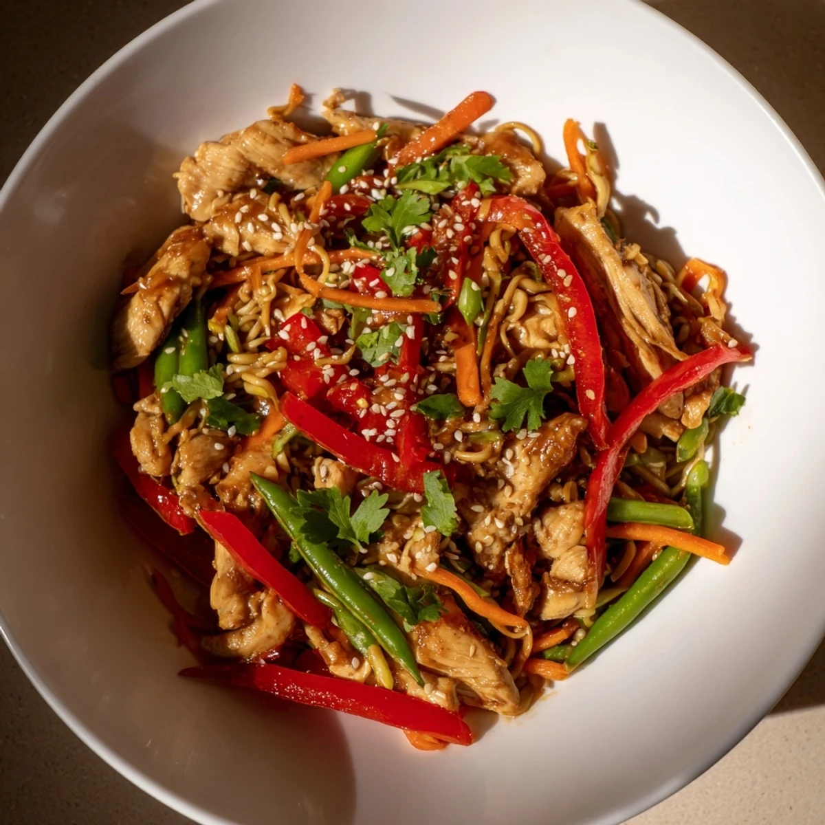 Golden-brown chicken pieces and vibrant vegetables star in this aromatic Lemon-Garlic Chicken Stir Fry, ready to enjoy.