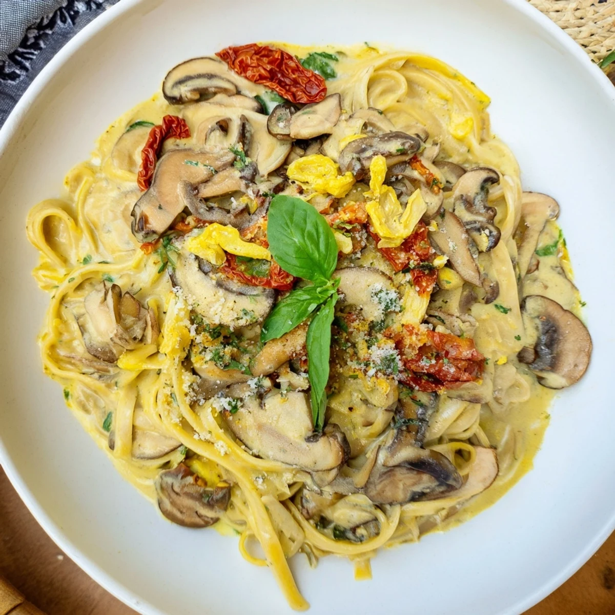 Plate of creamy Vegan Marry Me Mushroom Pasta, garnished with fresh basil for a delicious meal.