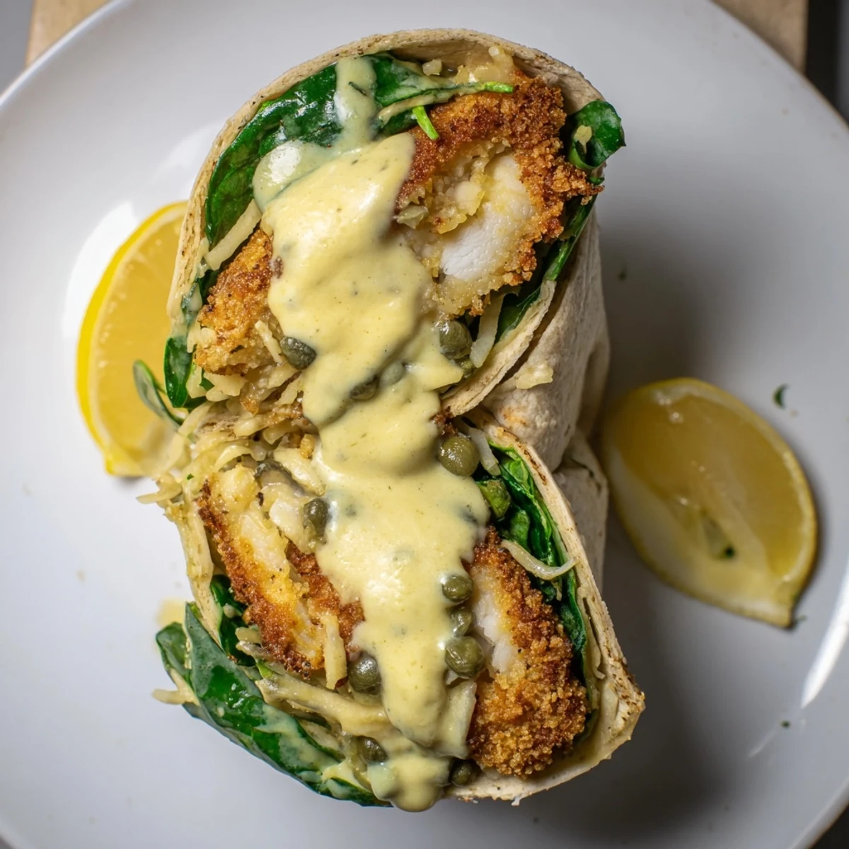 Enjoy the unique textures of this Chicken Piccata Crunch Wrap: crispy wrap, tender chicken, and tangy sauce.