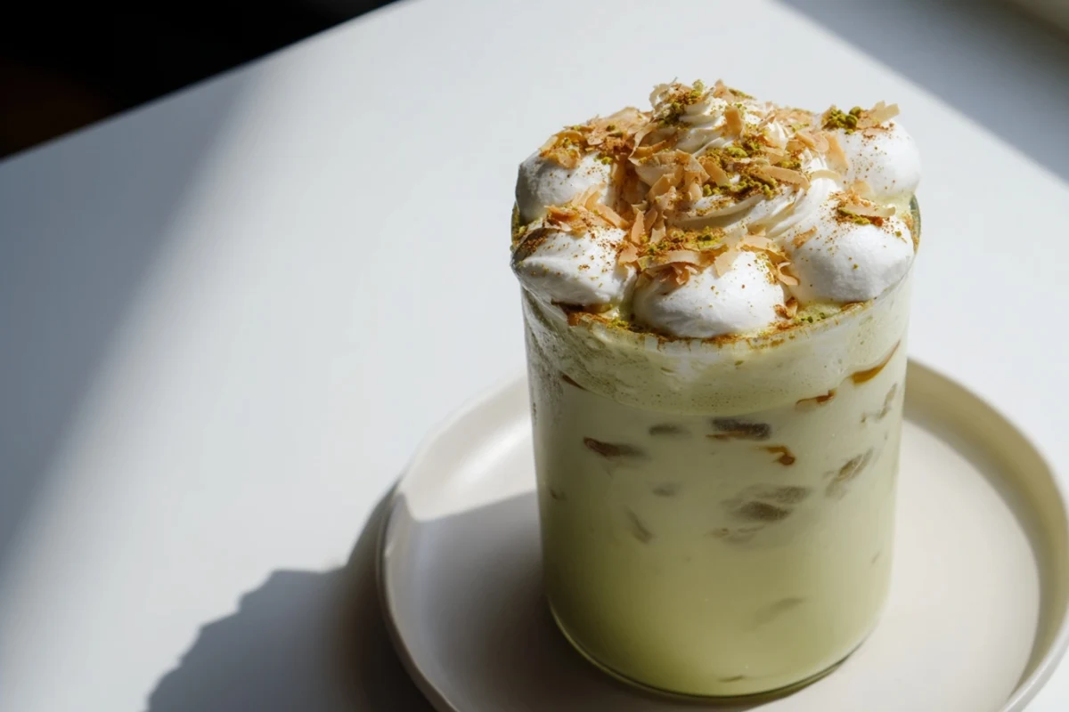 Enjoy this stunning, festive Toasted Coconut Gingerbread Iced Matcha, perfect for a cozy morning treat.