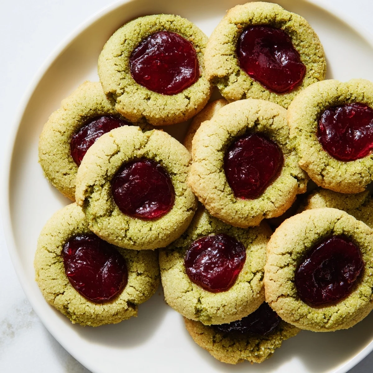A close-up of vibrant Matcha Cranberry Shortbread Thumbprint Cookies, showcasing the jam filling and green tea dough.