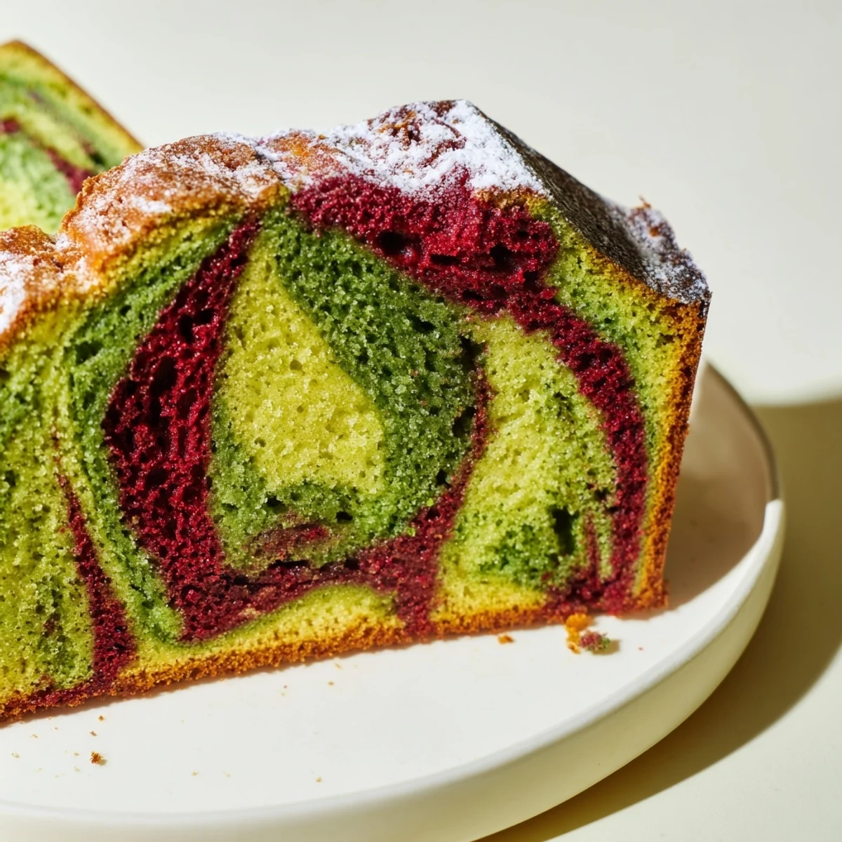 Vibrant layers of red and green swirl matcha marble pound cake, moist and delicious, perfect for any occasion.