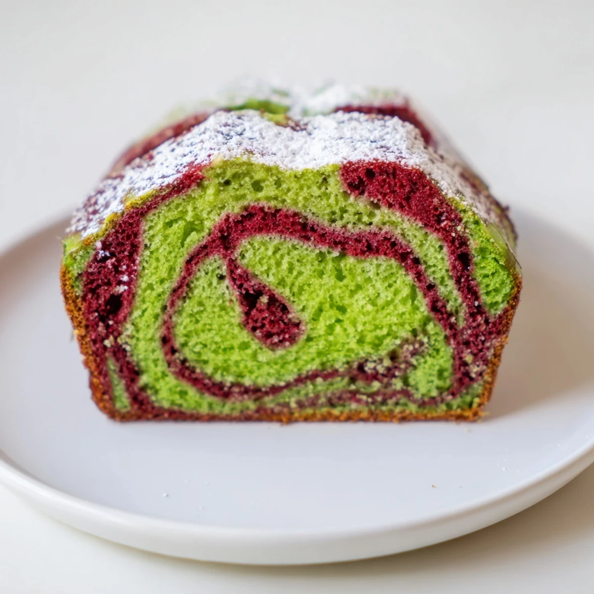 A close-up of a sliced red & green swirl matcha marble pound cake, showing its beautiful marbled interior, ready to serve.