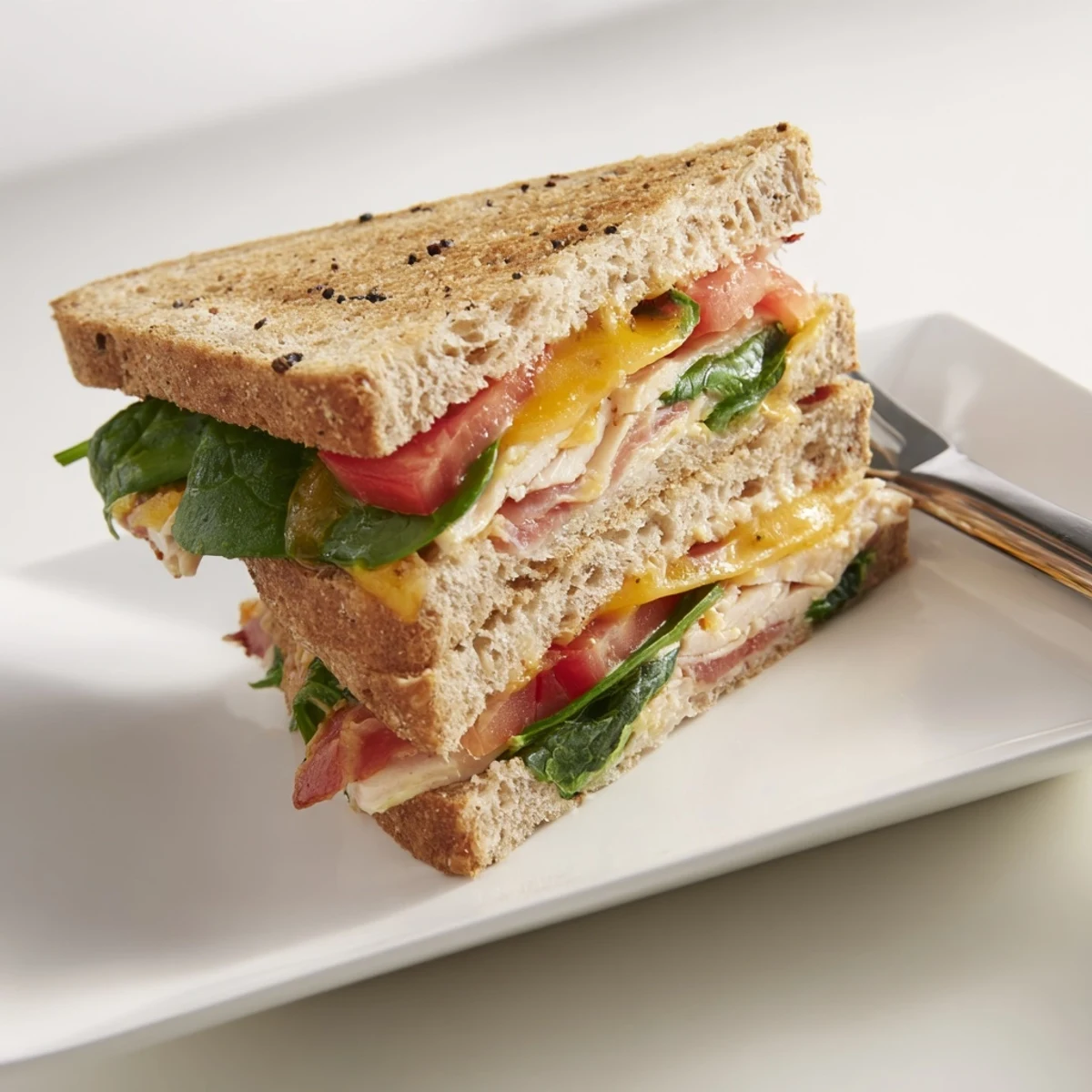 A close-up of a delicious Turkey Bacon, Spinach & Tomato Protein Grilled Cheese, perfectly grilled.
