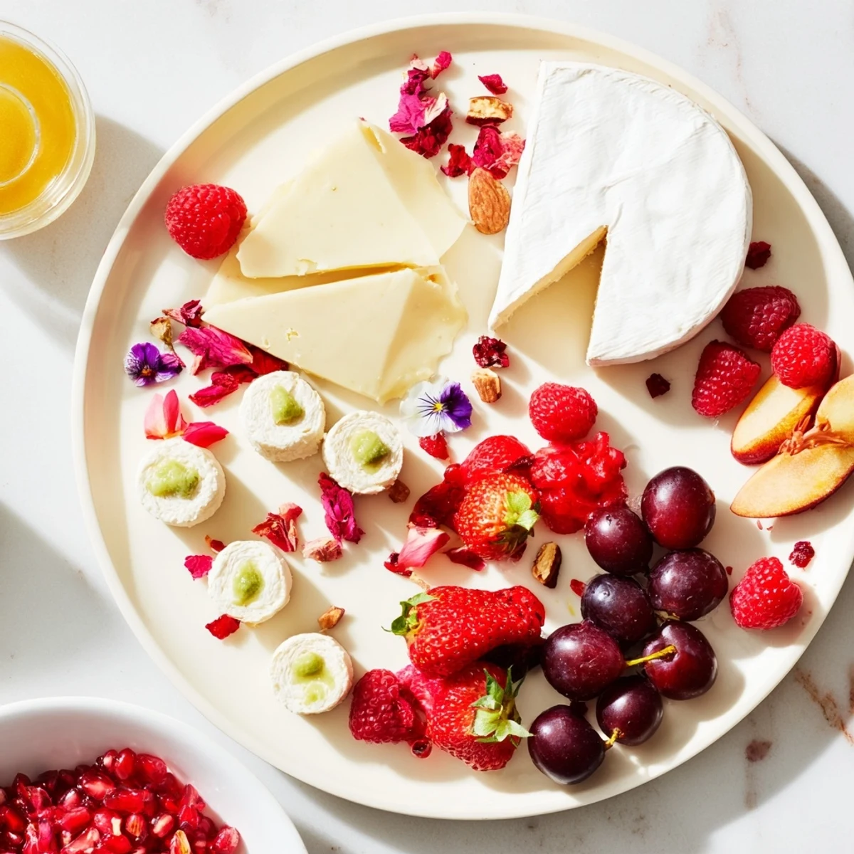 Rose Garden Romantic Platter features creamy cheeses and fresh fruits, perfect for a romantic picnic.