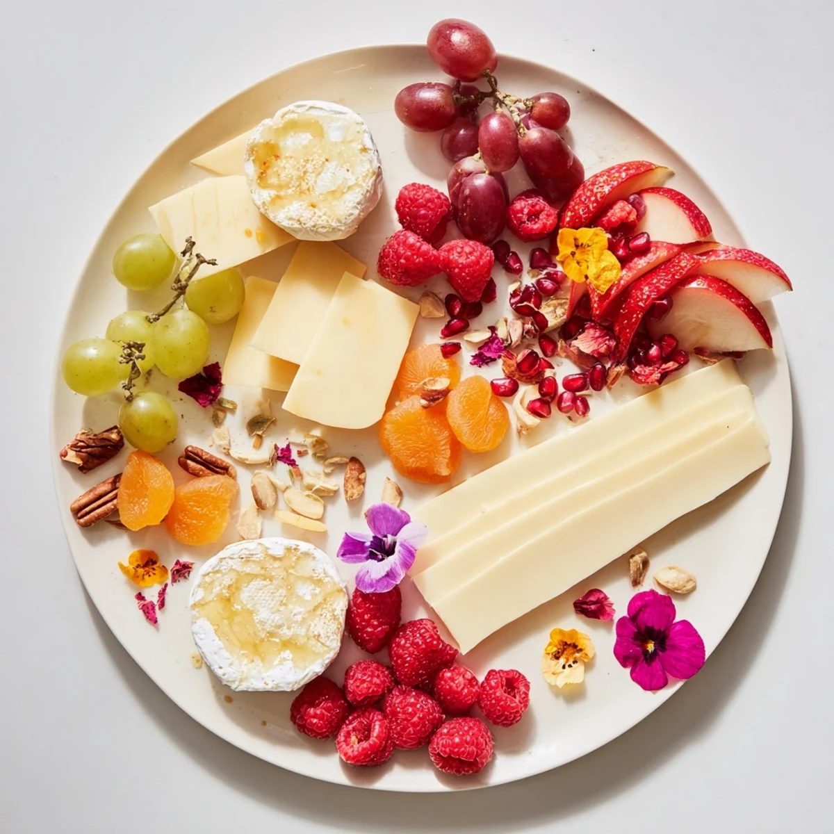 This Rose Garden Romantic Platter sparkles with vibrant fruit, blooms, and artisanal cheeses; ready to enjoy.