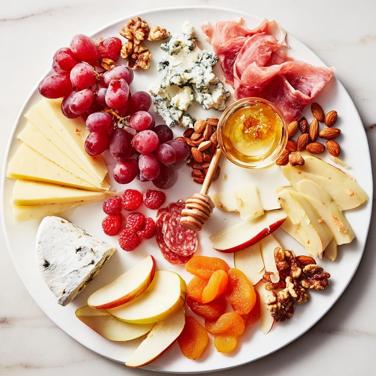 Elegant Lace & Pearls grazing board with cheeses, charcuterie, and fresh fruit, ready to serve.