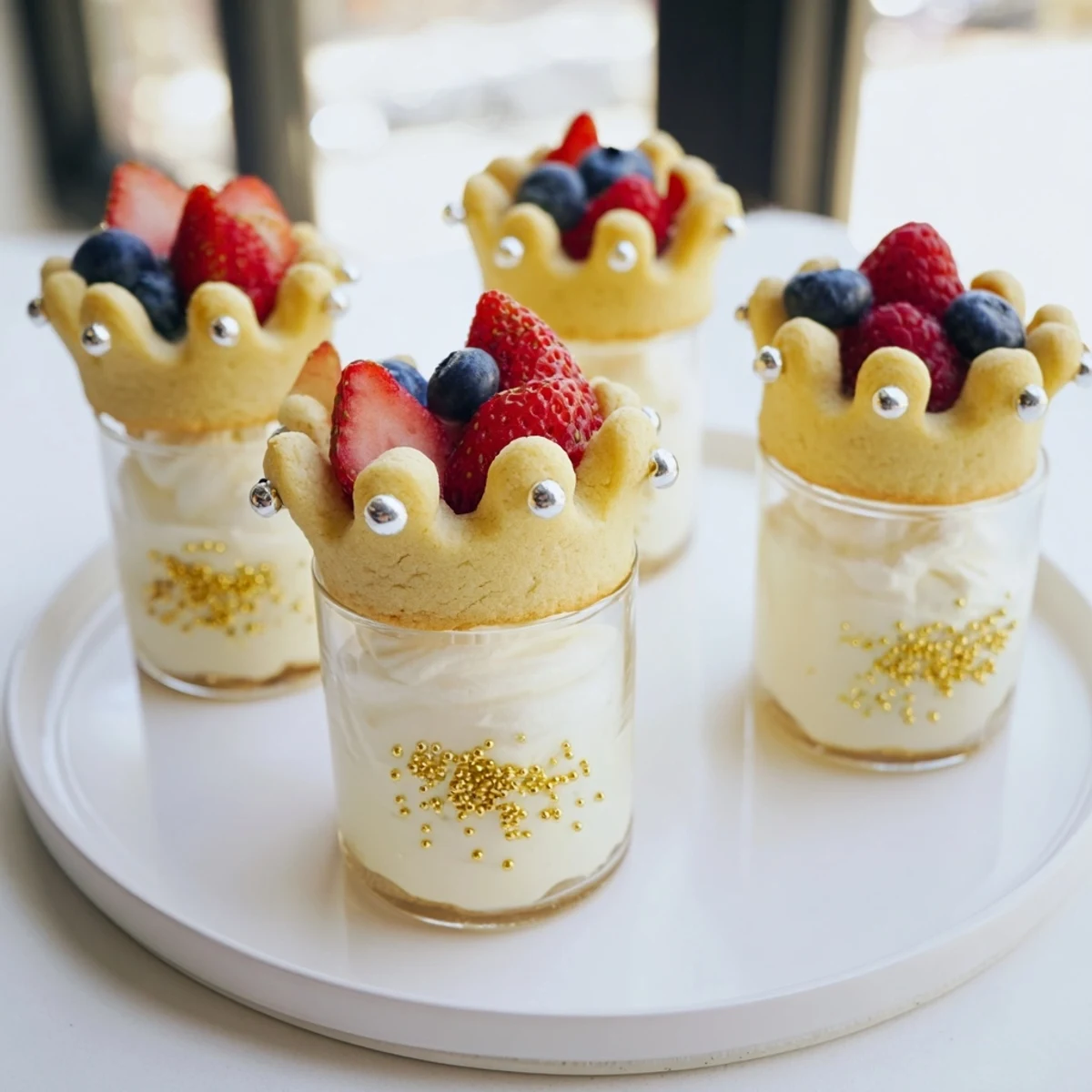 Delicate Princess Crown Dessert Tray: crown-shaped cookies sparkle next to creamy white chocolate mousse.