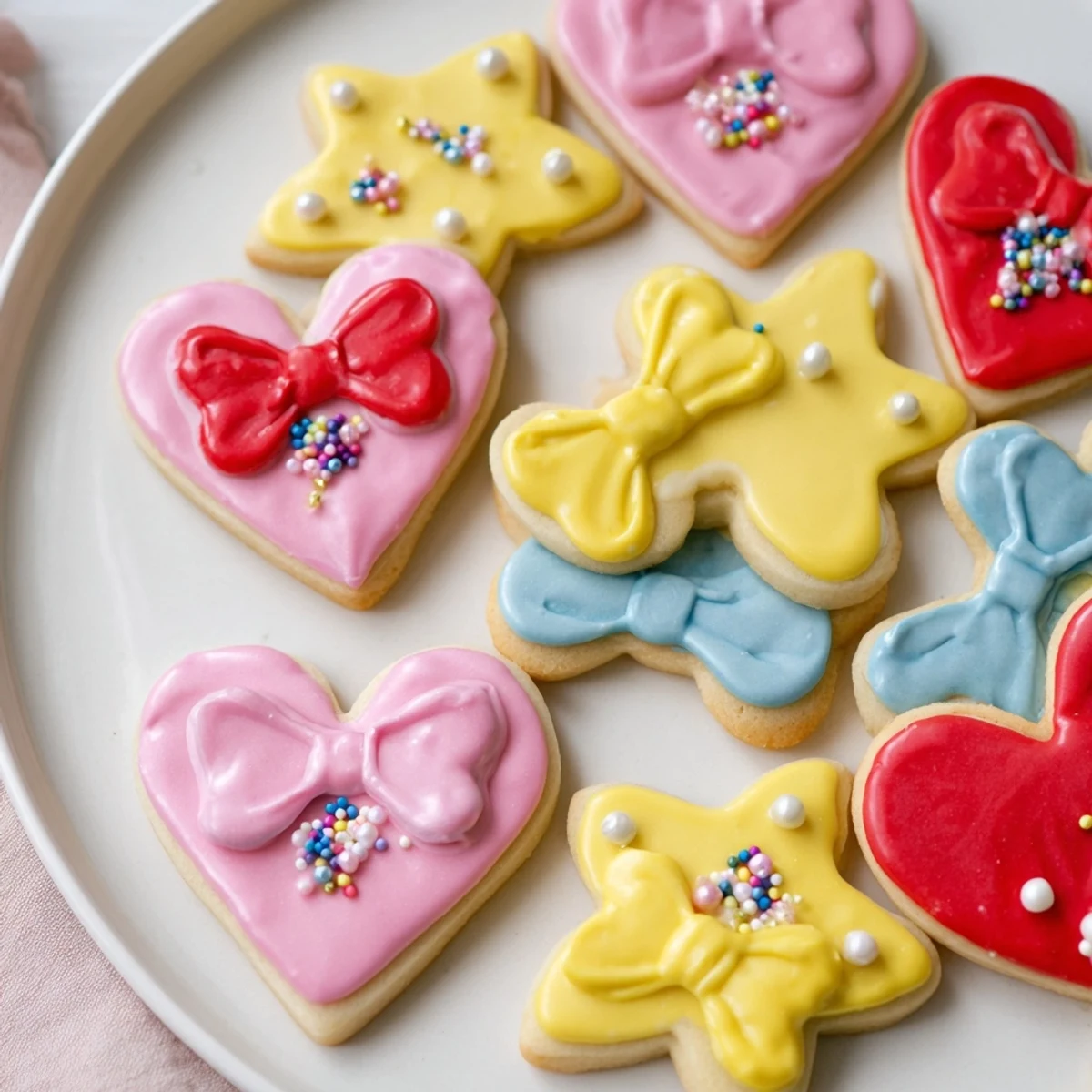 Heart-shaped Pretty Bows cookies with bright pink icing and charming bow details for a delightful bite.