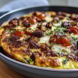 Golden ham and cheese frittata baked with spinach, tomatoes, and fluffy eggs, served in a skillet for a hearty breakfast.