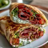 Vibrant Italian Sub Pinwheel Wraps platter, featuring layered meats, cheese, and roasted peppers in tortilla spirals.  