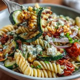 Smoky grilled zucchini and corn shine in this zesty lime pasta salad.