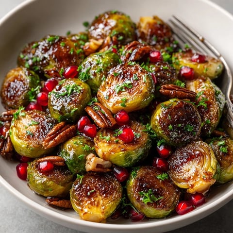 Pomegranate Glazed Brussels Sprouts with toasted nuts and seeds, glistening under a tangy-sweet glaze.