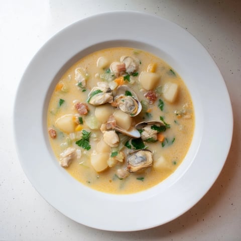Steaming bowl of New England Clam Chowder, creamy and packed with clams and bacon, ready to serve.