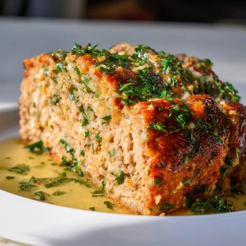A juicy slice of Garlic Parmesan Chicken Meatloaf, glistening with a savory golden glaze.