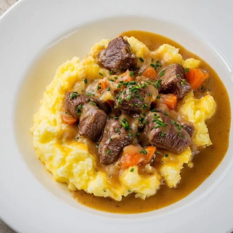 Fall Apple Cider Stew Mash: Tender beef stew over creamy mashed potatoes, garnished with fresh chives.