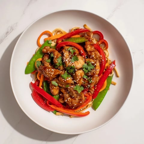 Steaming Lemon-Garlic Chicken Stir Fry with noodles, colorful vegetables and glossy sauce promises a delicious meal.