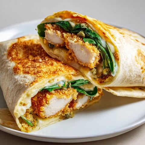 Golden-brown Chicken Piccata Crunch Wrap, a delightful crispy wrap filled inside with delicious ingredients.