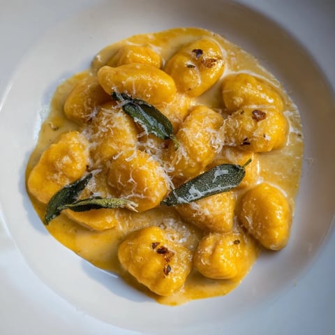 Creamy One-Pot Pumpkin Sage Gnocchi pasta, plated beautifully, with golden crispy sage and Parmesan.
