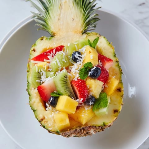 Vibrant Tropical Bliss Pineapple Fruit Boat overflowing with colorful, juicy fruit, perfect for a sunny day.
