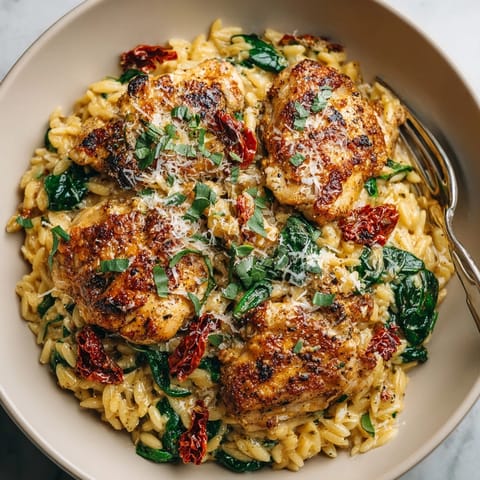 One-pot Creamy Tuscan Chicken Orzo Skillet featuring golden seared chicken, creamy sauce, and spinach.