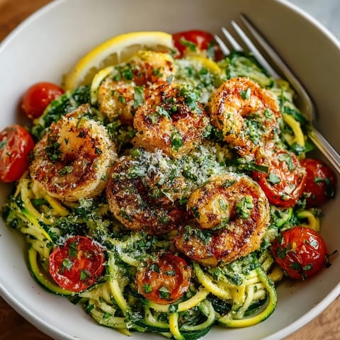 Sizzling Lemon Garlic Shrimp and Zucchini Noodles topped with parmesan and basil, perfect for dinner.