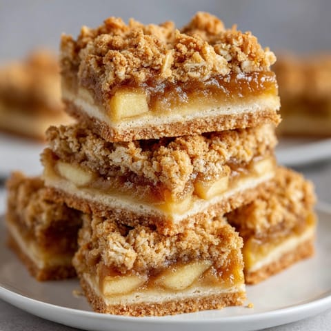 Freshly baked Cinnamon Apple Crumb Bars cut into squares, ready for a cozy fall dessert.