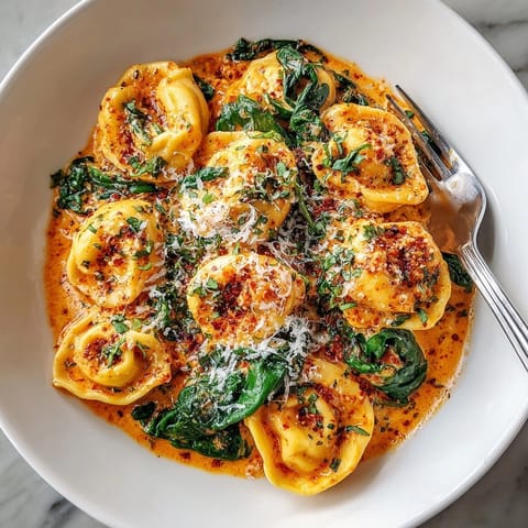 A close-up of the One-Pot Creamy Tomato Tortellini, showcasing the rich tomato sauce and tender tortellini.