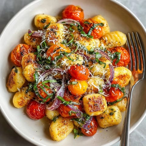Easy 20-Minute Cherry Tomato Basil Gnocchi recipe with sweet cherry tomatoes and fragrant basil creating Italian delight.