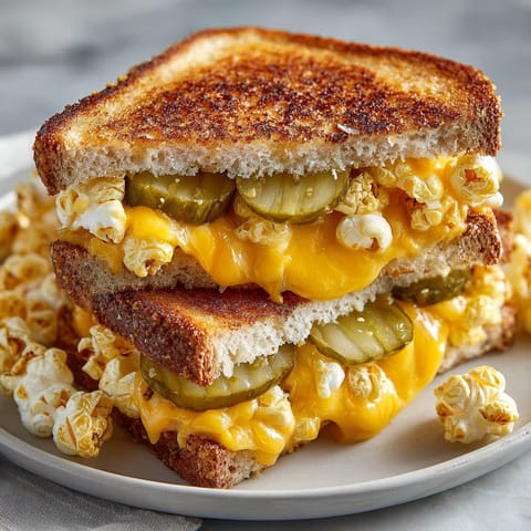 The satisfying crunch of the Pickle Popcorn Grilled Cheese, a vibrant, savory sandwich on a plate.