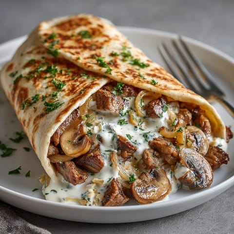 Close-up of easy Budget Beef Stroganoff Comfort Wraps, savory and full of tender beef and vegetables.