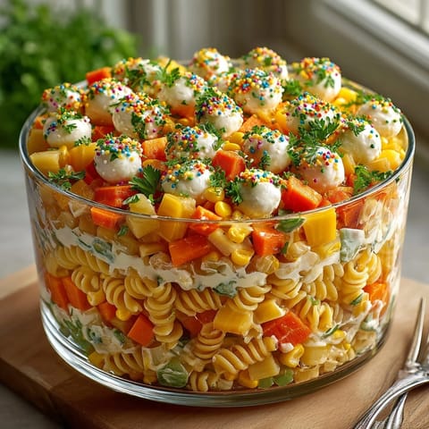 A colorful and layered, chilled Halloween Candy Corn Pasta Salad, topped with fresh parsley.