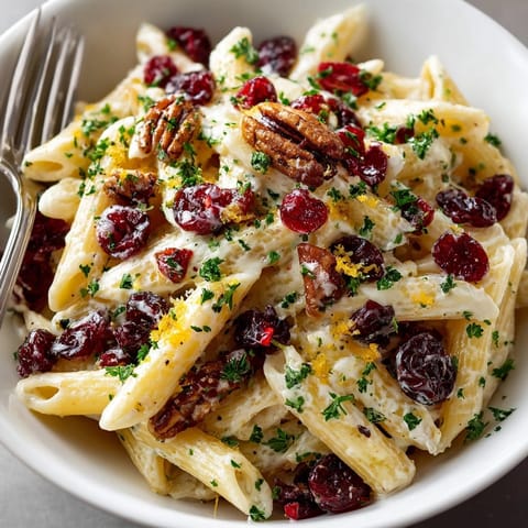 Enjoy a warm visual feast with this Thanksgiving Cranberry Cream Cheese Pasta dish, glistening.