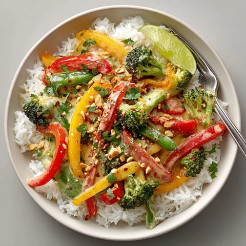 Colorful Thai Peanut Vegetable Stir-Fry with crisp peppers and broccoli in creamy, spicy sauce.
