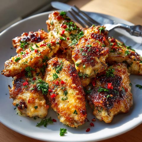 Crispy Garlic Parmesan Chicken Wings coated in golden cheese and fresh parsley, ready for dipping.