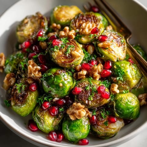 Roasted Pomegranate Glazed Brussels Sprouts garnished with fresh pomegranate arils, ready to serve as a festive side.