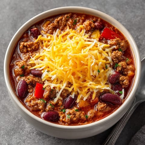 Broiled Pumpkin Chili with Cheddar Web Top, savory and bubbling in a rustic bowl.