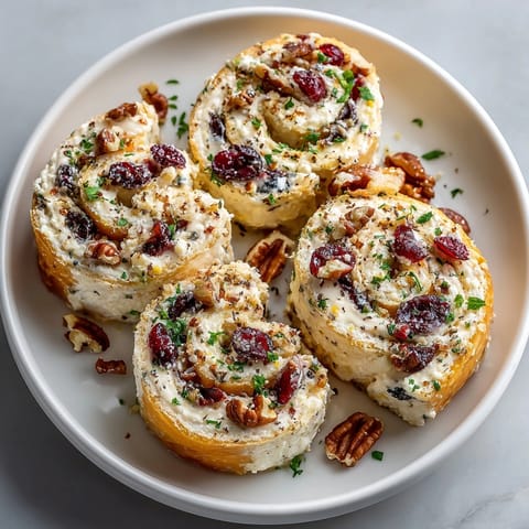 Cranberry Feta Pinwheels appetizer: colorful sliced tortillas reveal festive ingredients; serve chilled or at room temp.