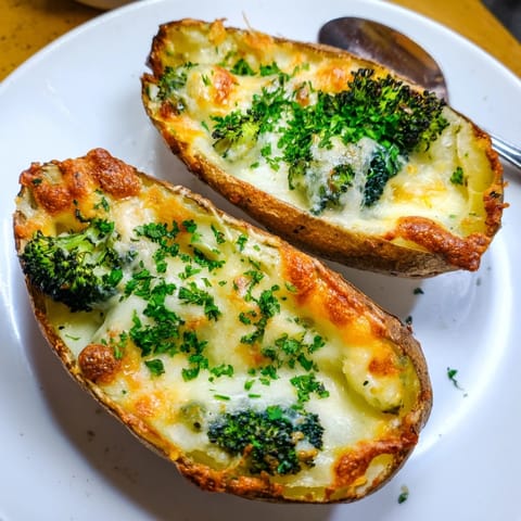 Creamy inside, crispy outside: Alfredo Broccoli Stuffed Potato Skins, baked until bubbly.