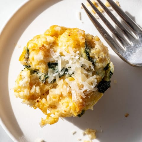 Close-up of baked Cheesy Ricotta Spinach Egg Muffins showing soft texture and melted cheese.