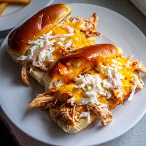 Delicious BBQ Chicken Sliders topped with coleslaw, perfect for casual family dinners.  