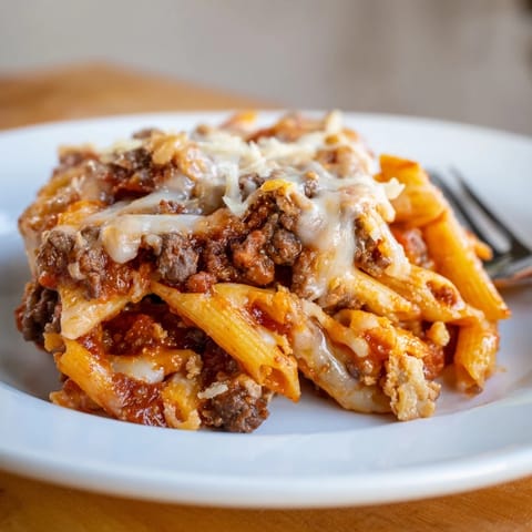 Golden melted cheese over savory Cheesy Beef & Penne Bake, perfect for potlucks.  