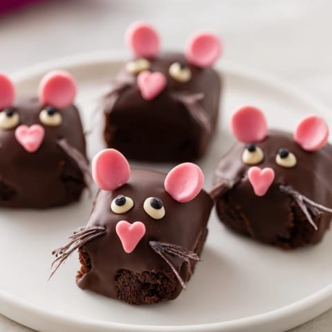 Fudgy, rich Silly Rat Cake Brownie Bites are delightfully decorated with chocolate; perfect for kids!