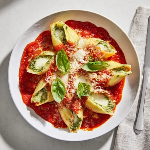 A close-up of pesto and ricotta stuffed shells, showcasing creamy filling, ready after baking; a delicious dinner.