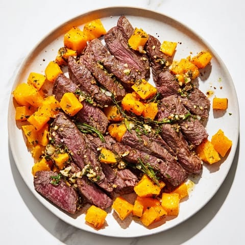 Juicy steak and tender butternut squash, seasoned and seared, create flavorful Butternut Squash & Herb Steak Bowls.
