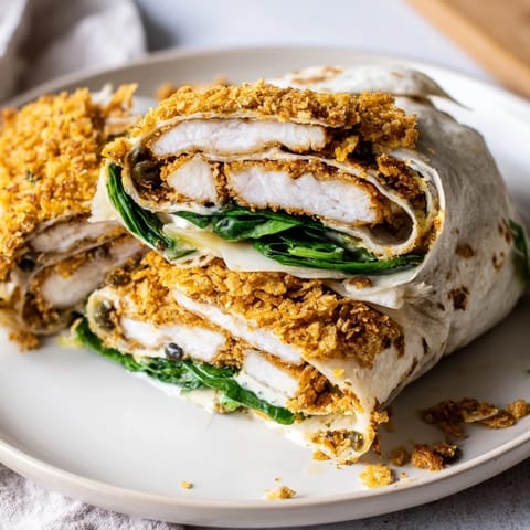 A close-up of a Chicken Piccata Crunch Wrap, showcasing the golden tortilla and cheesy filling.