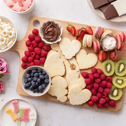 This romantic Love Letter Dessert Board is brimming with cookies, candies, and colorful fruits to savor.