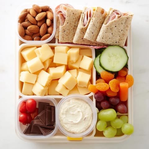A vibrant road trip snack box, featuring cheese, crackers, and delicious dried apricots.